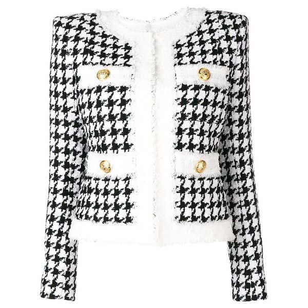 

2019 autumn winter baroque designer jacket women's color block zip houndstooth fringed tweed jacket overcoat, Black;brown