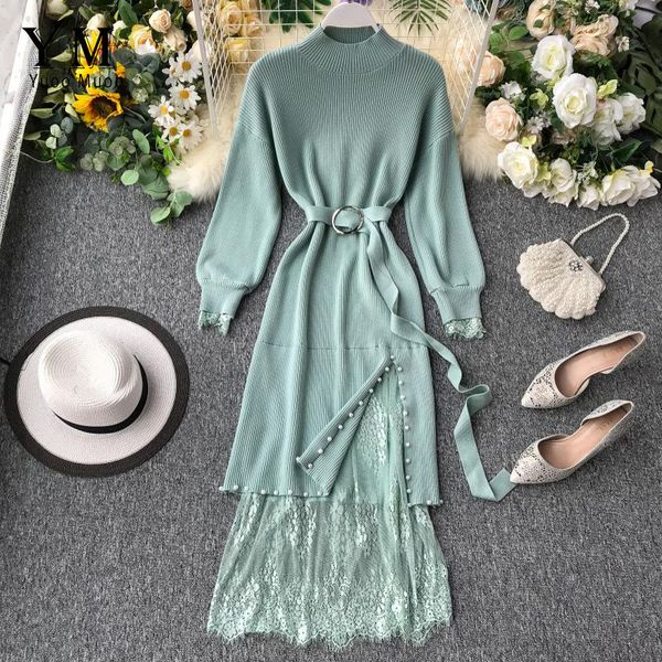 

casual dresses yuoomuoo brand design lace patchwork long women dress good quality autumn winter turtleneck bandage beading elegant, Black;gray