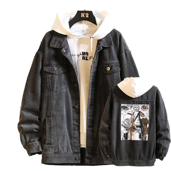 

new spring denim jacket men anime print bomber denim jacket men's black blue jean jackets clothes chaquetas hombre, Black;brown