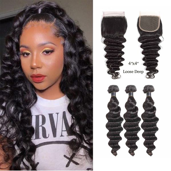 

brazilian lace closure with 8a virgin malaysian peruvian brazilian hair weave loose deep 3 bundles with lace closure brazilian hair straight, Black;brown