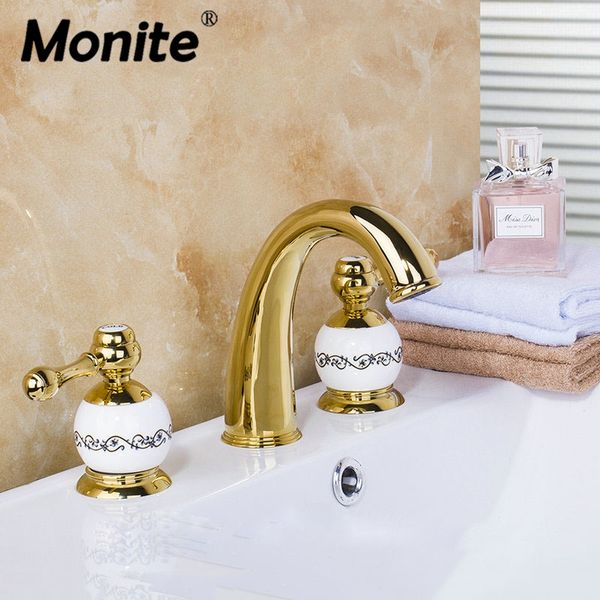 

monite 3 pcs set bathtub golden plated bathroom faucet set european split basin mixer tap ceramic faucet body 2 handles