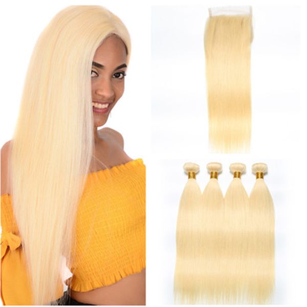 

bleach blonde indian virgin human hair wefts with closure straight #613 blonde human hair bundles 3pcs with 4x4 lace closure part, Black;brown
