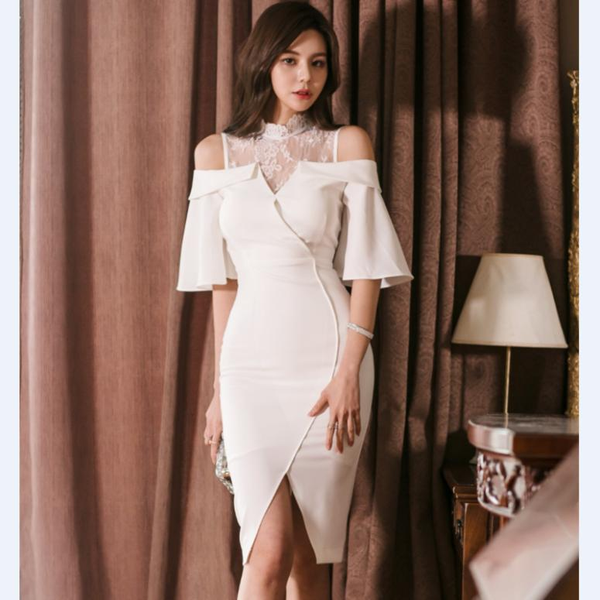 

party dresses 2021 summer autumn lace patchwork split pencil dress women cold shoulder bodycon see through sheath vestidos, White;black