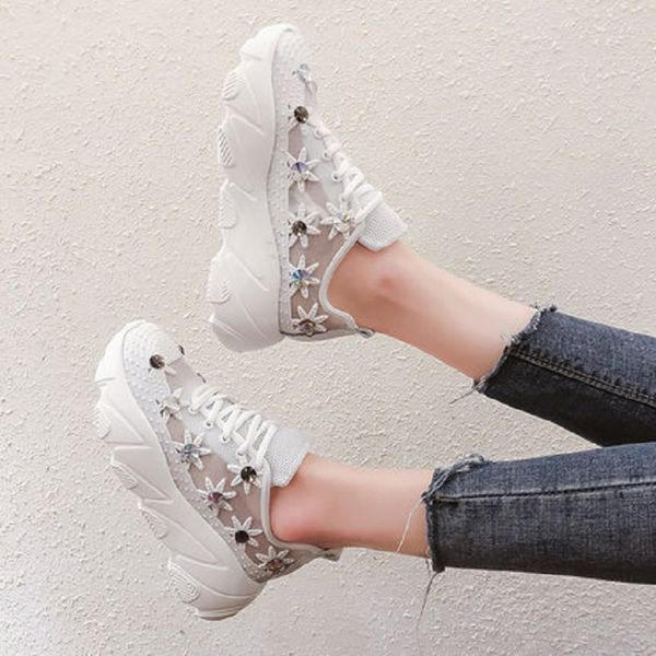 

2019 spring and summer new rhinestone thick platform old shoes ladies white shoes, Black