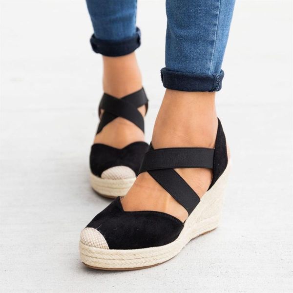 

sandals 2021 wedges women summer thick bottom cross elastic band high heel casual plus size beach party ladies, Black