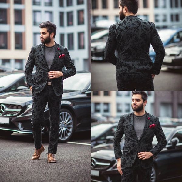 

black wedding tuxedos flower pattern two button mens groom suits notached lapel slim fit prom party blazer jacket 2 pieces, Black;gray