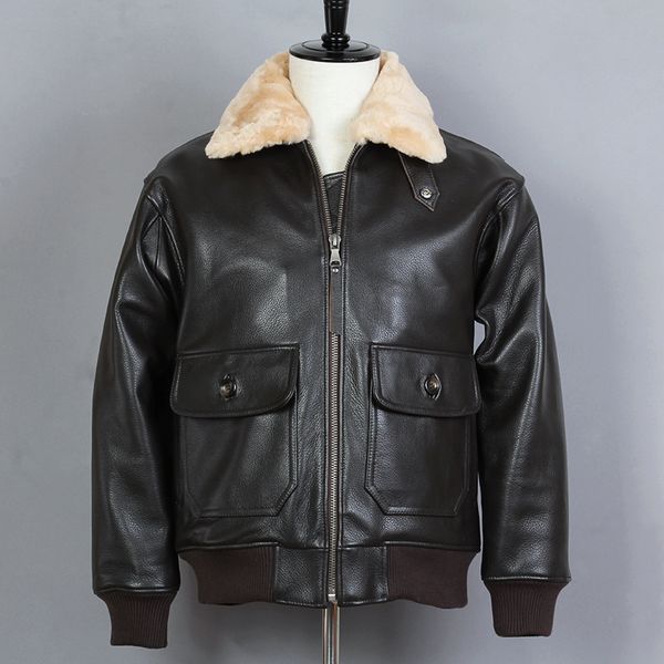 

avirex fur collar genuine leather jacket men cow leather g1 flight jacket bomber male winter coat, Black