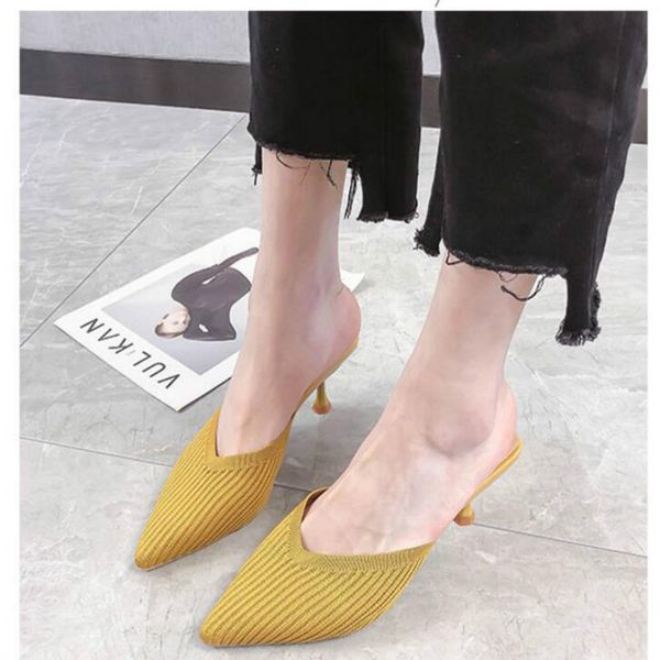 

net burgundy lazy baotou half slippers women wear 2019 summer new knitted stiletto pointed high heel sandals autumn, Black