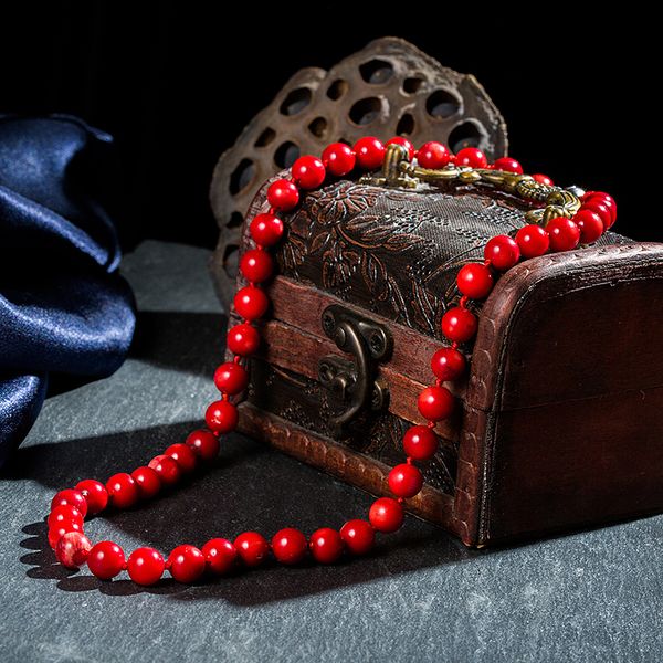 

10mm natural coral red stone beads knotted necklace for women fashion statement chain choker clavicle jewelry mother's gift, Silver