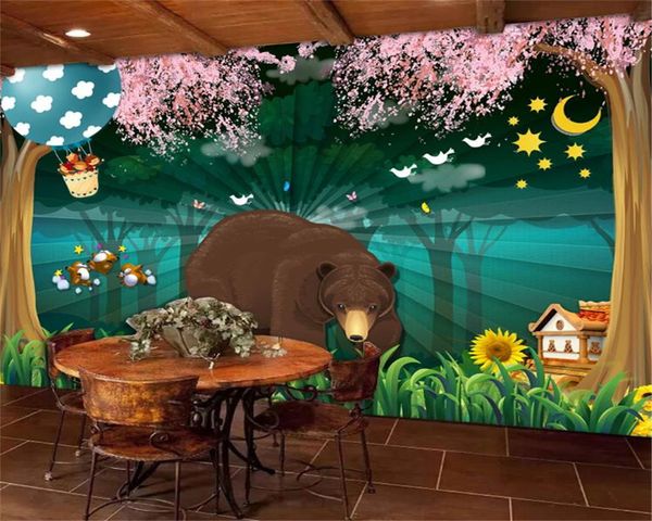 Kostenloser Versand maßgeschneiderter 3D -gedruckter Haus Tapete Fantasy Forest Cartoon Hundebär Kinder Raum Wandbildpapier