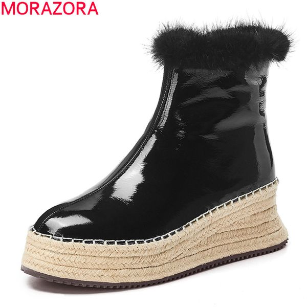 

morazora 2020 new arrive genuine leather women boots fashion platform round toe ladies shoes winter warm ankle boots, Black