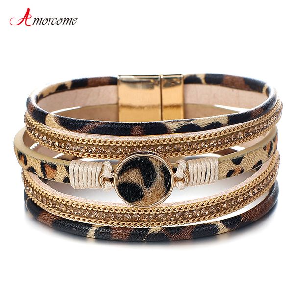 

amorcome leopard print genuine leather bracelets for women 2020 fashion rhinestone bohemian wide charm bracelets jewelry gift, Golden;silver