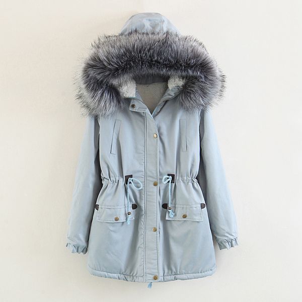 

girl quilted jacket faux fur collar hooded light blue parka women thick cotton fluffy coat female plus size winter long parka, Black