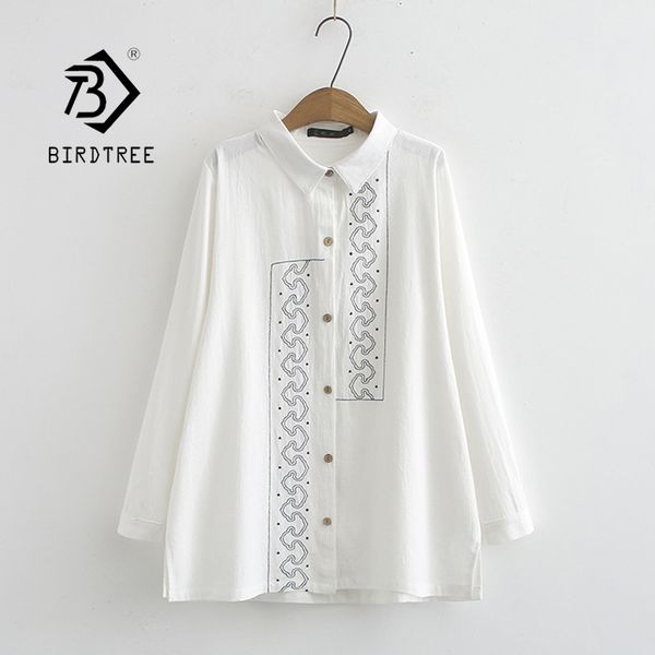 

autumn women floral embroidery pockets cotton white shirt long sleeve casual blouse plus size 4xl feminina blusa t06626f