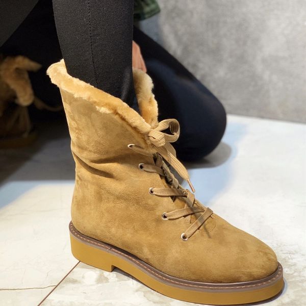 

boots women sheepskin fur one snow boots 2019 winter new lace-up platform ankle non-slip zapatos de mujer, Black