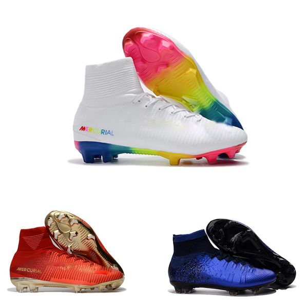 

new mens soccer cleats mercurial superfly v ronalro fg indoor soccer shoes kids football boots cr7 boys neymar boots rising fast pack, Black