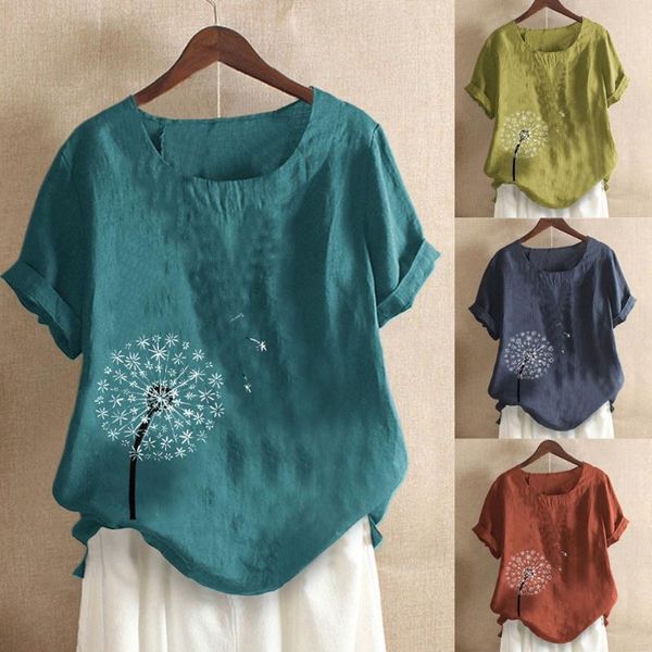 

women's blouses & shirts casual loose summer blouse women 2021 fashion o-neck short sleeve floral print cotton linen vintage blusa, White