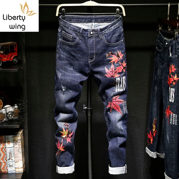 

street ripped beggar jeans men slim fit peacock flower embroidery long trousers summer straight strechy spliced denim pants, Blue