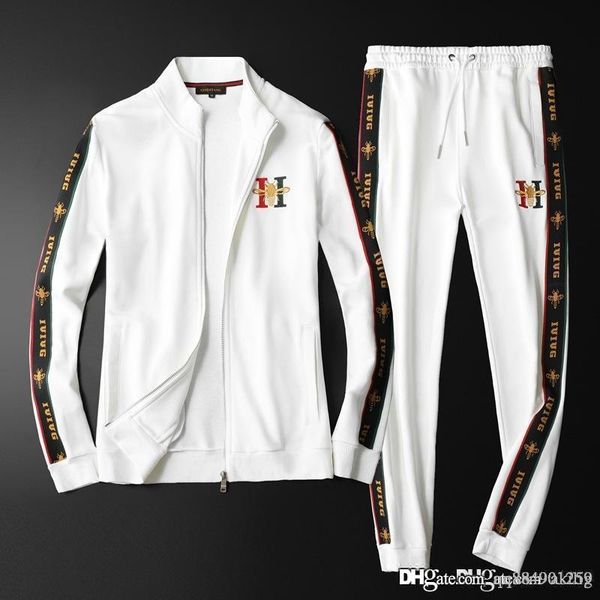 

men's brand-name sportswear two-piece suit european and american fashion embroidery, collar blouse and slim pants leisure sports men&#0, Gray