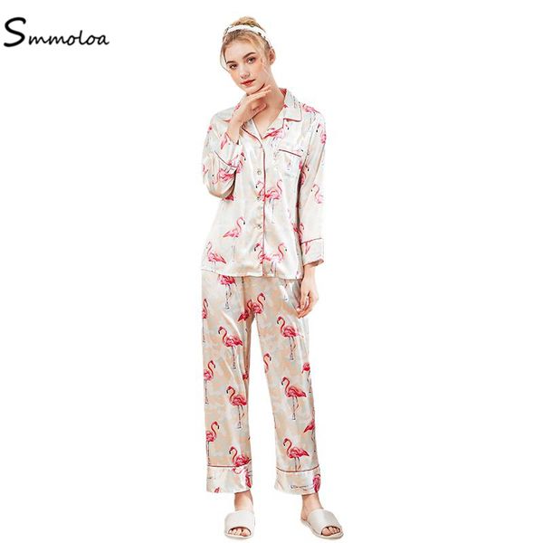 

smmoloa silk pajamas for woman girl casual long sleeve satin printing sleepwear, Blue;gray