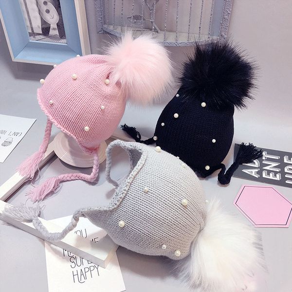 

lnrrabc new boy/girls child winter hair ball earbud hats woolen solid color pearl knitted ears beanie fur pompom cap
