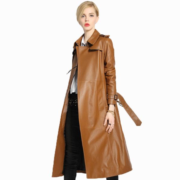 

genuine leather jacket women clothes spring autumn trench coat women windbreaker korean elegant slim long sheepskin coat zt526, Black