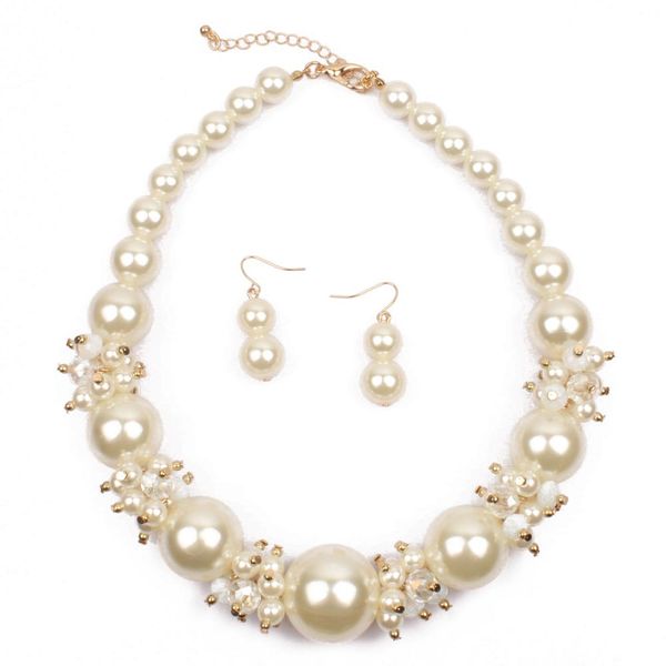 

exaggerated pearl short clavicle chain necklace earring jewerly set woman costume jewelry accessories woman gift, Silver