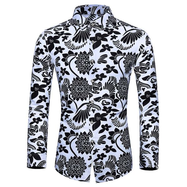 

feitong mens shirt new fashion summer casual men new printed buttons stand collar collar fit slim long sleeve mens shirt, White;black