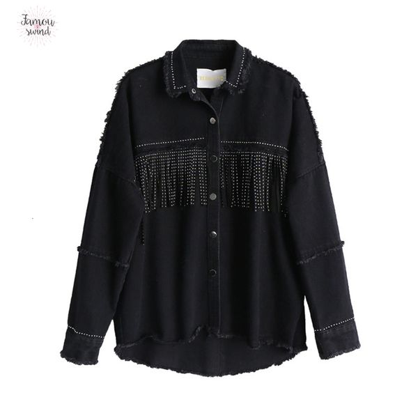 

all denim jacket black loose woven coat sequined tassels streetwear women match mental covered button outerwear, Black;brown