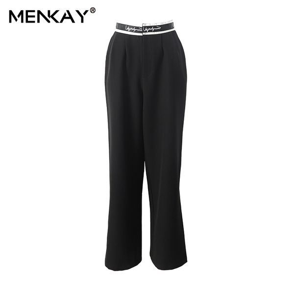 

menkay] loose long black khaki trousers casual high waist wide leg pants women 2019 autumn fall korean fashion clothing new, Black;white