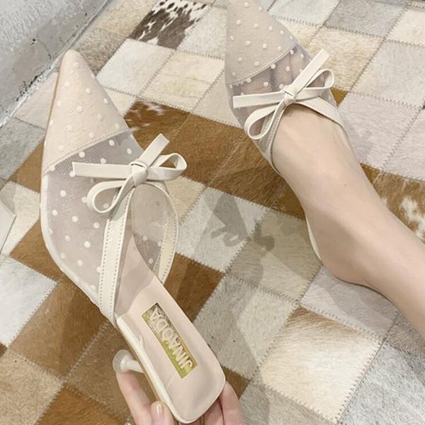 

slippers slides women shoes woman fashion pointed mesh sandals 2020 summer new bow fashionable high-heeled slippers d250, Black