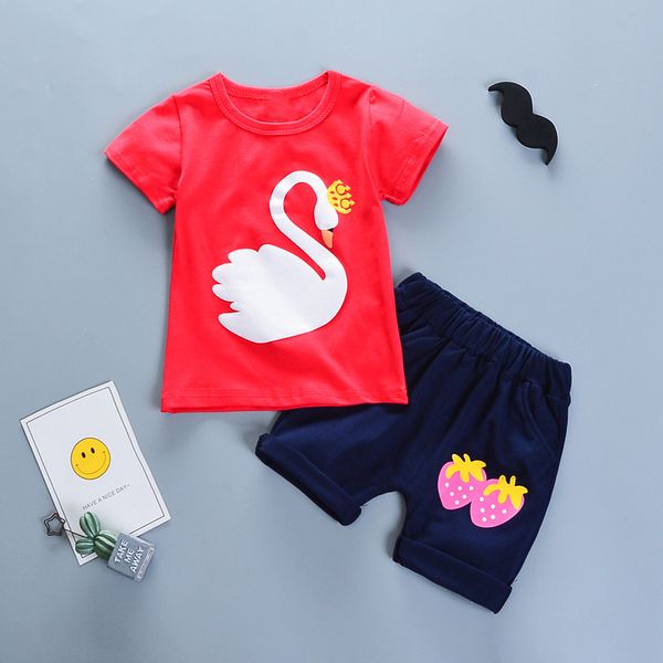 

2019 summer baby girls clothes short sleeve animal pattern t-shirt +shorts suits casual outfits sets, White