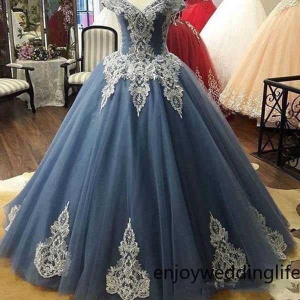 

2020 quinceanera платья бальное платье с плеча кружева аппликация сладкие 16 мантий sweep поезд backless пром партии gowns, Blue;red