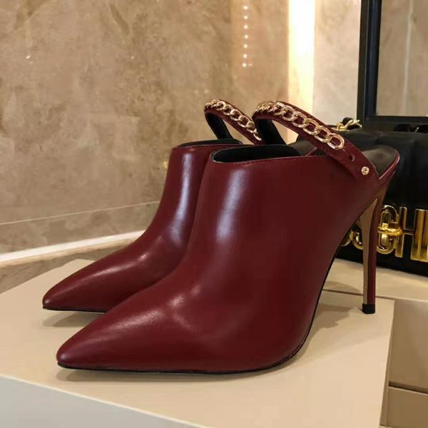 

2020ss autumn genuine leather straps design chains women boots slippers high heeled female dress wedding boots prom party fashion boots shoe, Black