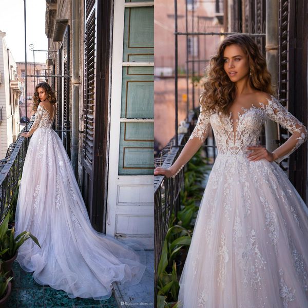 

lussanobridal wedding dresses 2020 v neck long sleeves lace bridal gown button back boho plus size simple wedding dress custom, White