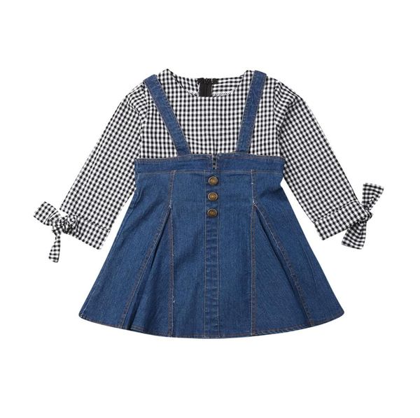 

одежда для малышей для девочек и девочек одежда в клетку с длинным рукавом с принтом джинсовая юбка комплект детской одежды 2019 осень компл, White