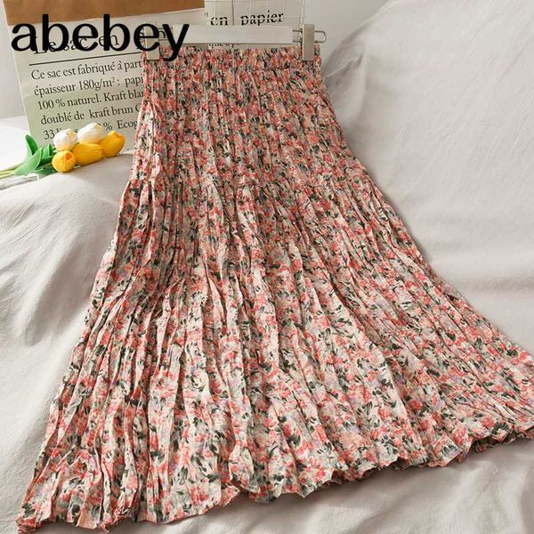 

new 2020 summer high waist pleated midi skirt ladies big swing vintage a line skirt women red flower print long, Black