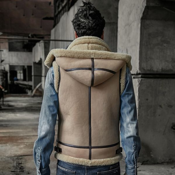 

original b3 real shearling jacket real leather bomber jacket sheepskin hooded vest mens fur coat, Black