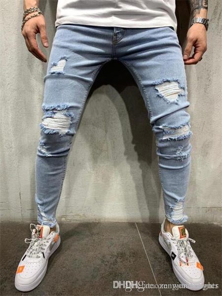 

mens designer hole jeans summer fashion style homme clothing new button female clothing hip hop slim zipper casual pants, Blue