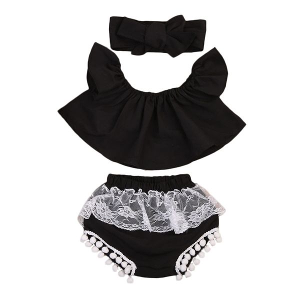 

3pcs baby kids girl ruffle off shoulder tank+e shorts +headband outfit sunsuit clothes set, Pink;blue