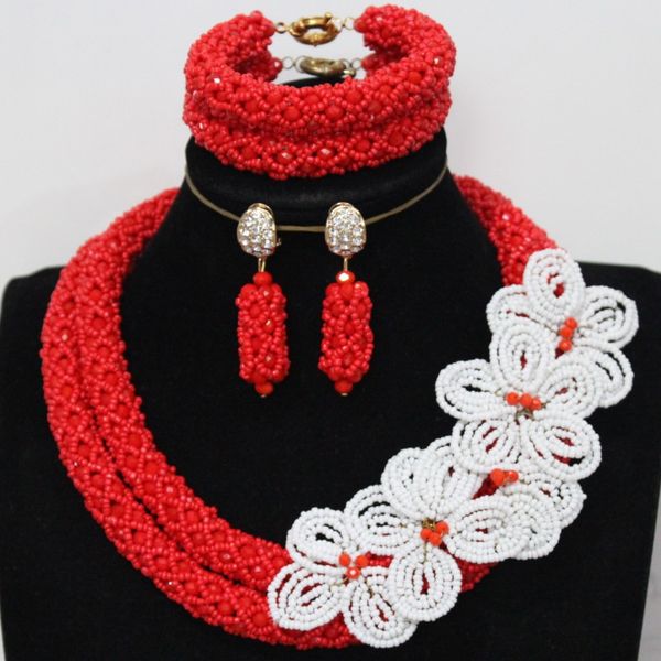 

4ujewelry fine wedding jewelry sets red and green / red and white flower african style women necklace 2 rows nigerian party gift, Slivery;golden