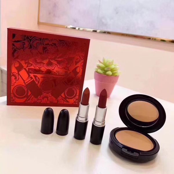 

3pcs/set makeup set studio fix powder plus foundation+matte lipstick lipgloss make up 3 in 1 cosmetics set epacket +gift