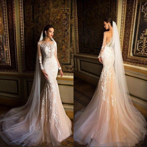 

2020 luxury milla nova beach wedding dresses mermaid illusion bateau long sleeve lace appliqued champagne wedding gown vestido de novia, White