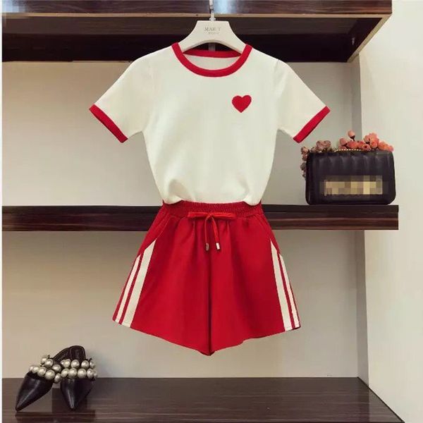 

knitting tracksuit women casual fashion love heart embroidery short-sleeved thin sweater and elastic waist shorts student set, White