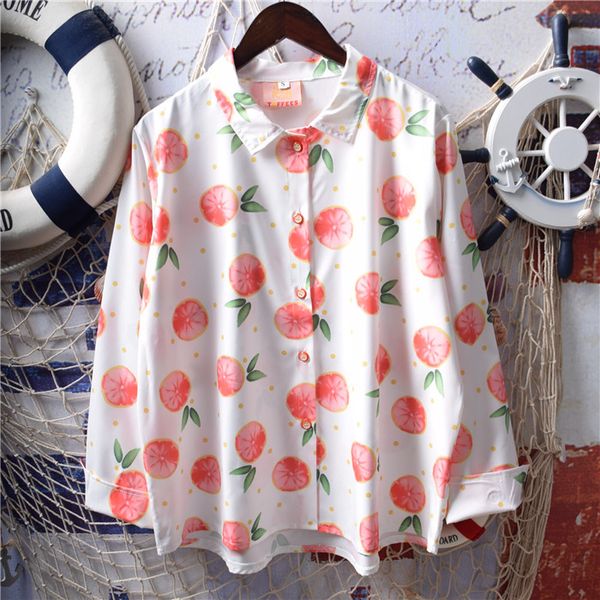 

2019 new summer japan style fruit pomegranate doodle print loose chiffon blouse women turndown collar long sleeve shirt, White