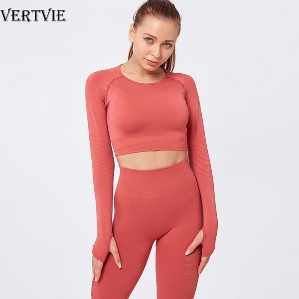 

vertvie бесшовные йога рубашки женщин с длинным рукавом crop топы sexy exposed navel gym фитнес рубашки тренировки tops бег спортивная, White;red