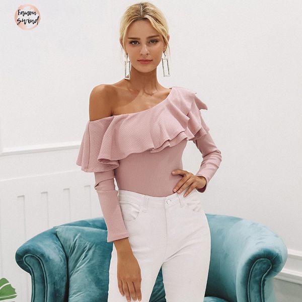 

одно плечо ruffles блузка рубашка женщины sexy тонкий с длинным рукавом blusas трикотажное вскользь хлопка топы новая мода атласная женщин о, White