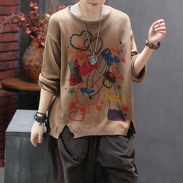 

women sweater knit 2020 spring autumn long sleeve printed o neck thin sweater vintage loose casual women pullovers, White;black