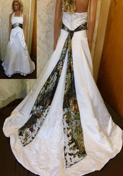 

Vintage Halter Neck Camo Wedding Dresses 2019 White and Camouflage Wedding Gowns with Lace Appliques Sweep Train Bridal Gowns