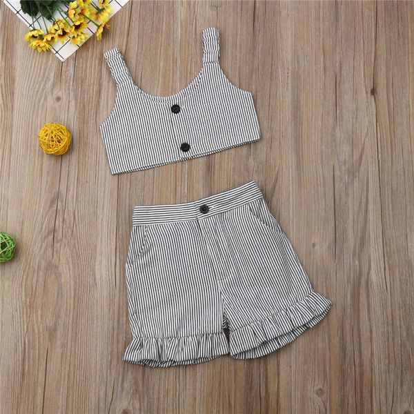 

toddler kids baby girls clothes ruffle striped pocket shorts off shoulder strap button pullover sleeveless vest 2pc cute outfits, White